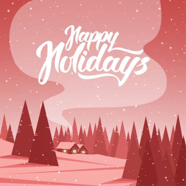 Kış manzara orman ve Happy Holidays el yazısı yazı duman arka plan üzerinde iki ev ile.