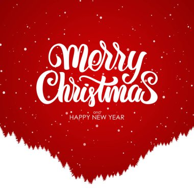 Mutlu Noeller ve mutlu yeni yıl. El yazısıyla yazılan yazı ile orman tepe kırmızı bir arka plan üzerinde silüeti.