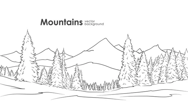 Elle çizilmiş Dağları arka plan ile ön plan üzerinde çam ormanı kroki. Çizgili Tema