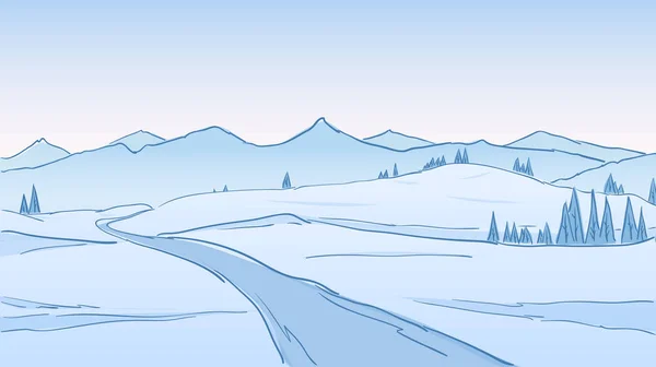 Montanhas de Inverno desenhadas à mão paisagem com estrada, pinheiros e colinas. Desenho da linha . — Vetor de Stock