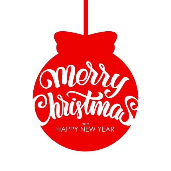 Cepillo moderno escrito a mano Letras caligráficas de Marry Christmas y Feliz Año Nuevo sobre fondo rojo de la bola de Navidad — Vector de stock