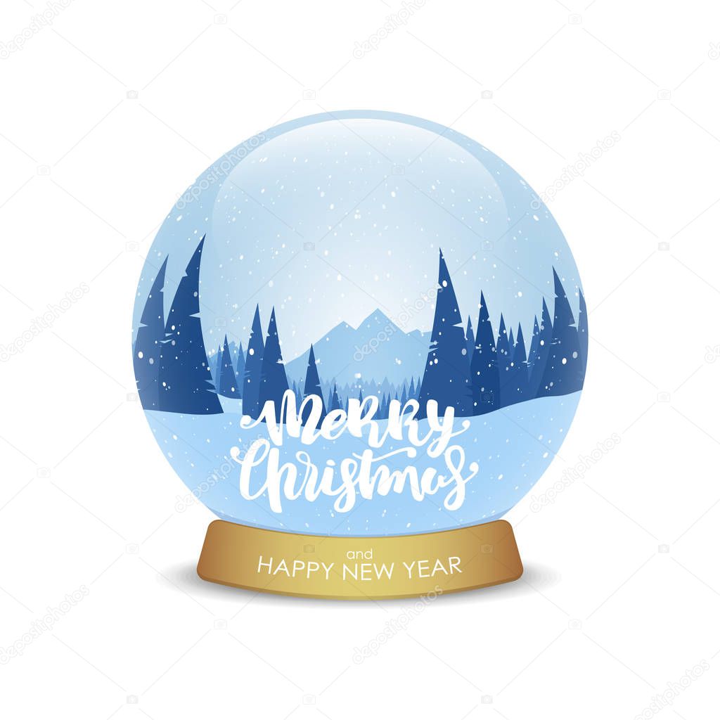 Merry Christmas and Happy New Year. Snow globe with winter mountains landscape isolated on white background.