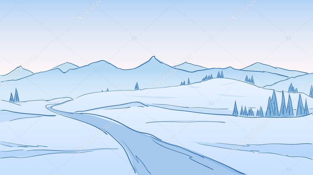 Hand drawn Winter Mountains landscape with road, pines and hills. Line design.
