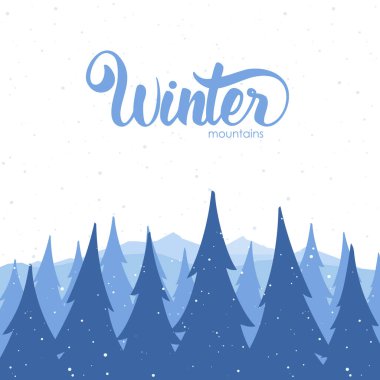 Vektör çizim: dağlar ve ön plan üzerinde çam ağaçları kış arka plan