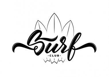 Vektör çizim. Sörf tahtaları ile Surf club Vintage el yazı arması