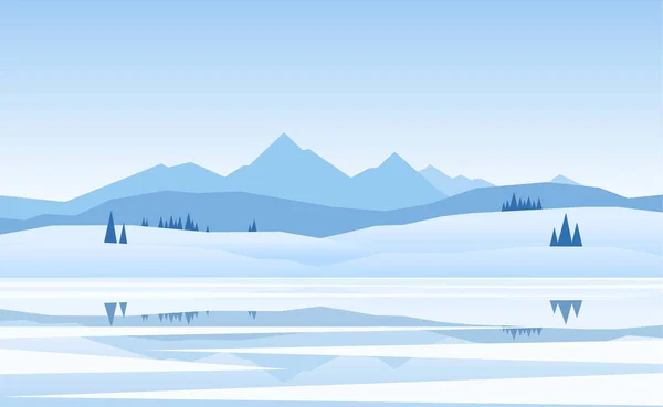Vektör çizim: dağlar kış donmuş göl manzara çam ve yansıma ile
