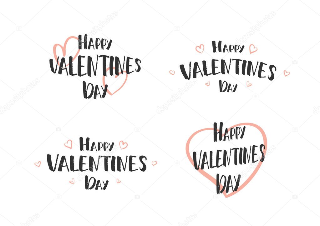 Vector illustration: Set of hand drawn lettering quotes of Happy Valentines Day with doodle hearts. Gretting cards