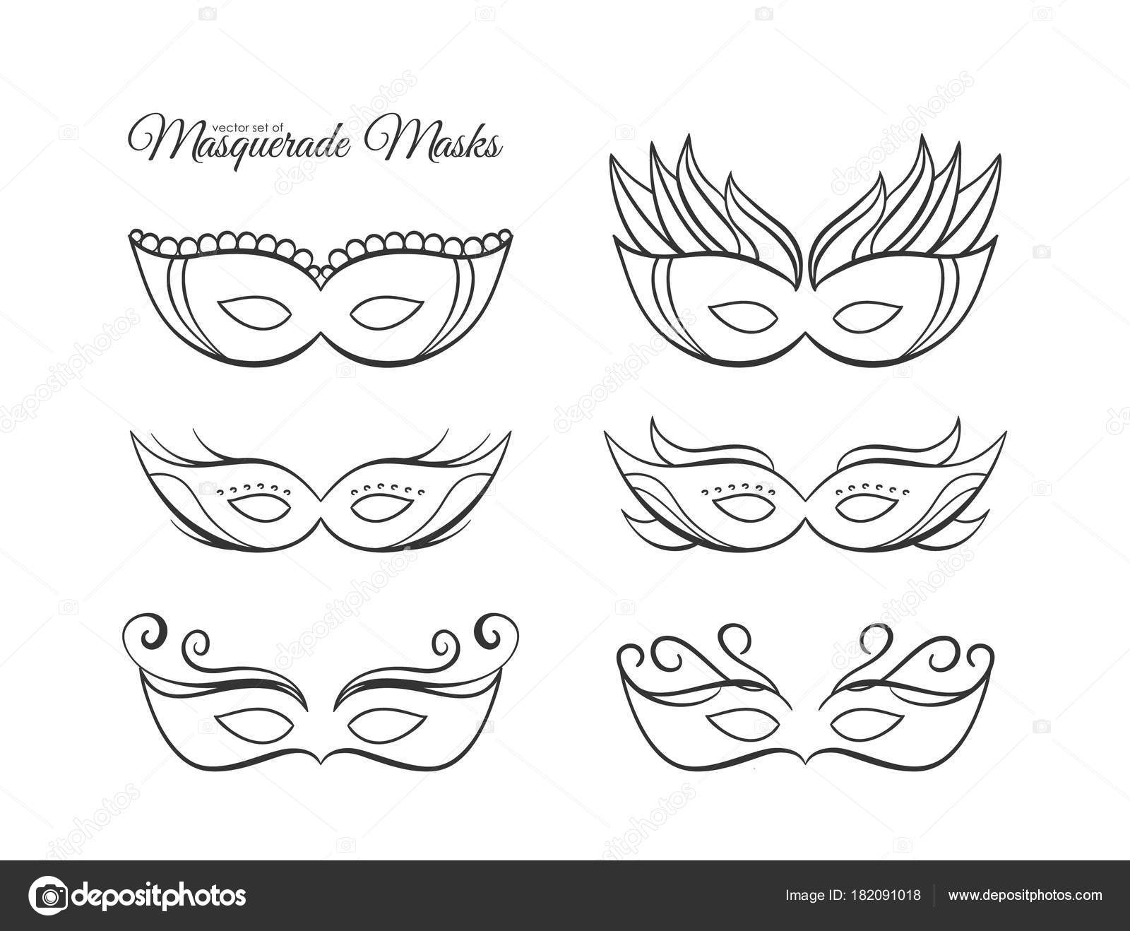 Vector Illustration: Set Of Hand Drawn Outline Masquerade Masks.