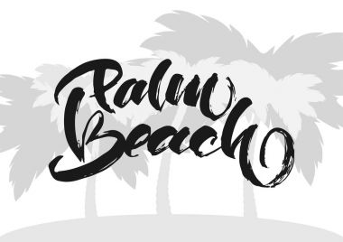 Vektör çizim. Vintage el Palm Beach palm ağaçlar arka plan silüeti baskı yazı.