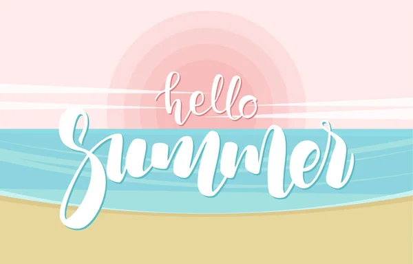 Illustration vectorielle : Lettrage manuscrit de Hello Summer sur fond de plage océanique — Image vectorielle