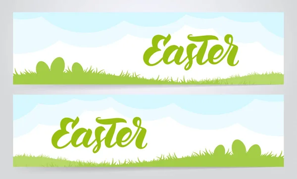 Meghatározott két Üdvözlet bannerek a kézírásos betűk Boldog húsvéti, tavaszi mező háttér. — Stock Vector