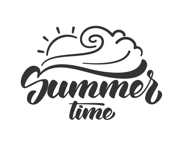 Brosse composition lettrage de l'heure d'été avec ligne soleil et vague sur fond blanc . — Image vectorielle