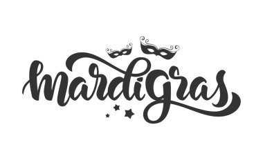 Mardi Gras modern fırça yazı beyaz arka plan üzerinde yıldız ve karnaval maske siluetleri ile el yazısı