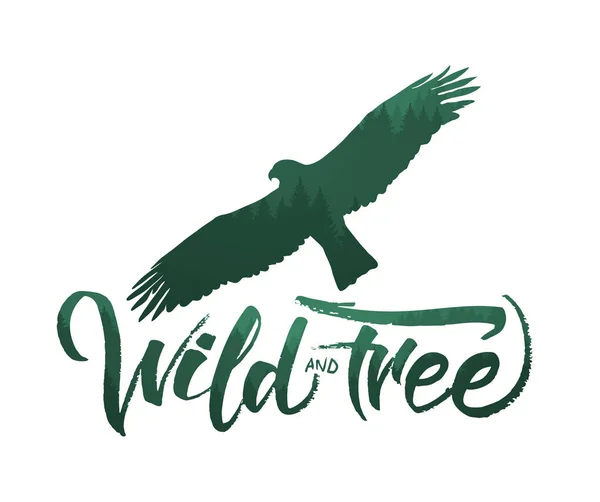 Handwritten brush lettering of Wild and Free with forest silhouette of eagle. — Stock Vector