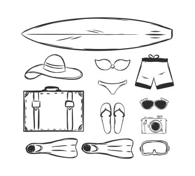 Vektör çizim: çizilmiş yaz tatil öğeleri kümesi verir. Tasarım kroki