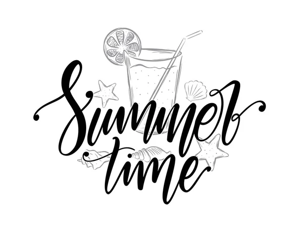 Illustration vectorielle : Lettrage manuscrit de l'heure d'été avec étoiles de mer, coquillages et limonade dessinés à la main — Image vectorielle