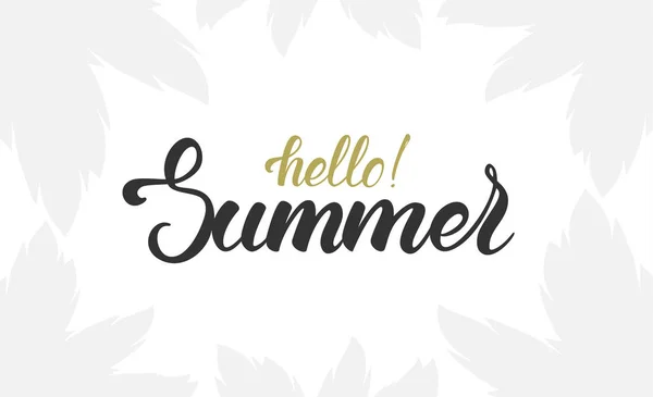 Lettrage pinceau Hello Summer avec silhouette légère de feuilles de palmier . — Image vectorielle