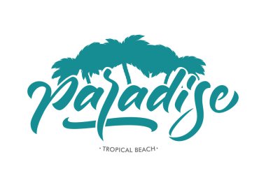 Beyaz arka plan üzerinde cennet tipografi tasarımı palm ile yazı vektör yaprak