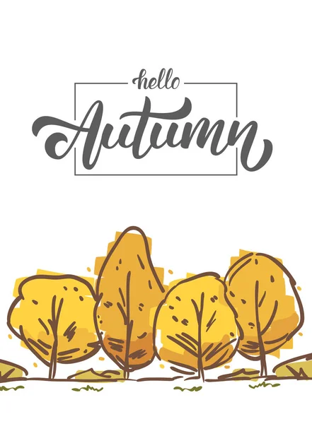Cartaz desenhado à mão com árvores de esboço e letras manuscritas de Hello Autumn — Vetor de Stock