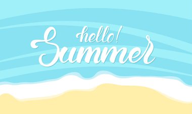 Merhaba yaz fırça yazı okyanus plaj zemin üzerine.