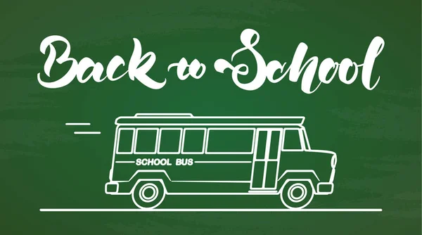 Handwritten lettering of Back to School with Bus on chalkboard background — Stock Vector
