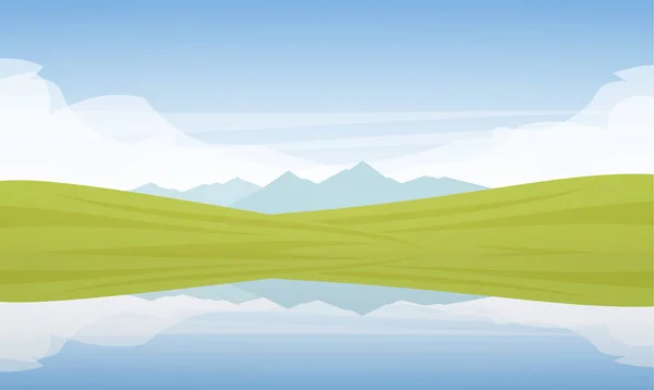 Mountain Lake landscape with green fields and reflection. — Stock Vector