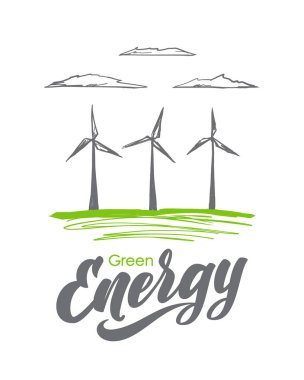 El çizilmiş Rüzgar değirmeni elle yazılmış yazı yeşil enerji ile. Satır tasarım kroki