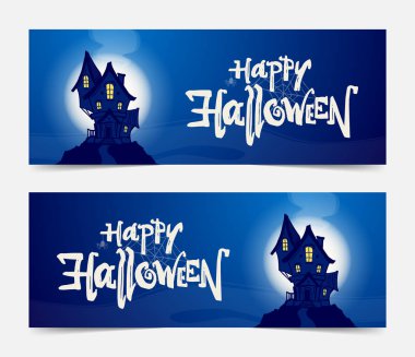 Vektör set afiş ile el perili ev ve yazı mutlu Halloween çizilmiş