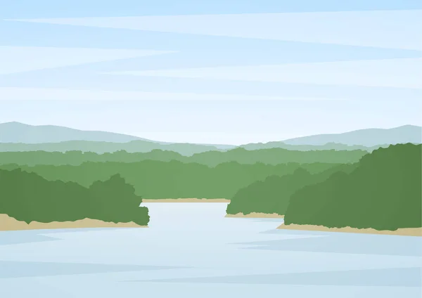 Ilustración vectorial: Verano paisaje fluvial — Vector de stock
