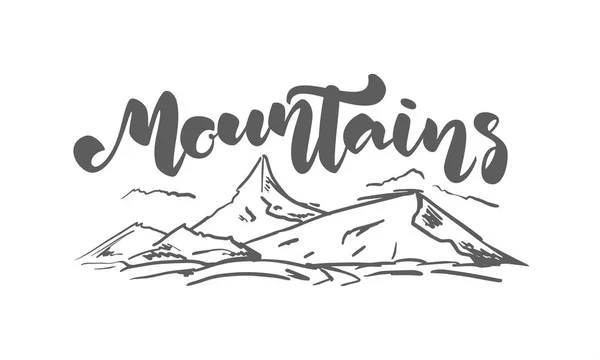 Χέρι σκίτσο τοπίο με την ιδιόχειρη επιγραφή των βουνών — Διανυσματικό Αρχείο