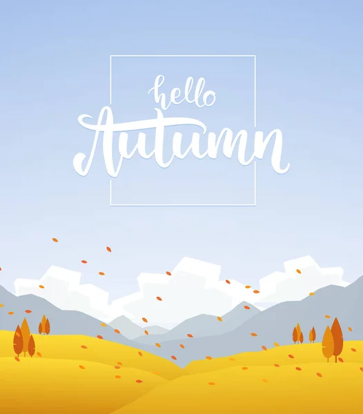 Fall hillside landscape with handwritten lettering of Hello Autumn — Stock Vector