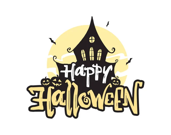 Šťastný Halloween typ písma složení s silueta strašidelného domu čarodějnice na pozadí měsíce — Stockový vektor