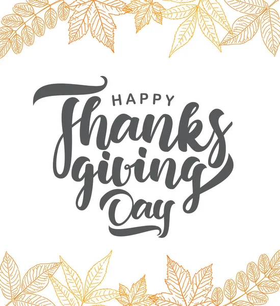 Feliz Dia de Acção de Graças. Cartão de saudação vetorial com folhas de outono desenhadas à mão —  Vetores de Stock