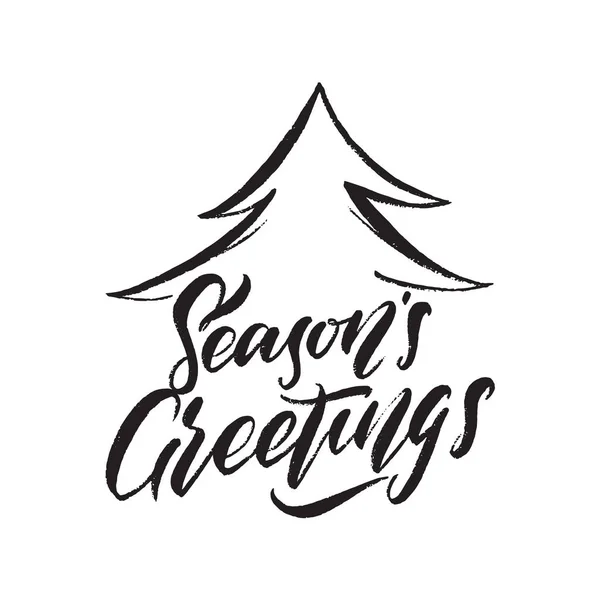 Hand getekend borstel belettering van Seasons Greetings met kerstboom op witte achtergrond — Stockvector