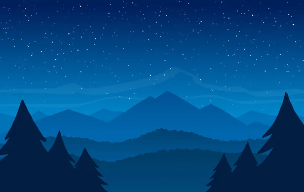 Mão desenhada noite Montanhas paisagem com estrelas no céu — Vetor de Stock