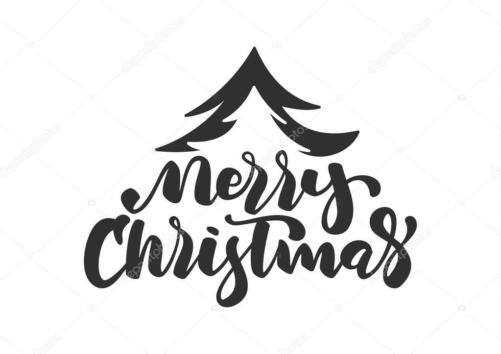 Handwritten modern brush lettering of Merry Christmas with hand drawn tree isolated on white background.
