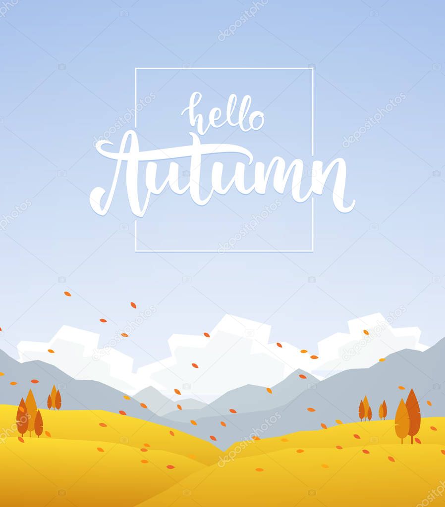 Fall hillside landscape with handwritten lettering of Hello Autumn