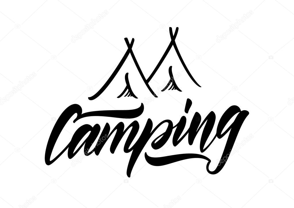 Vector illustration: Hand drawn lettering type emblem of Camping with tent.
