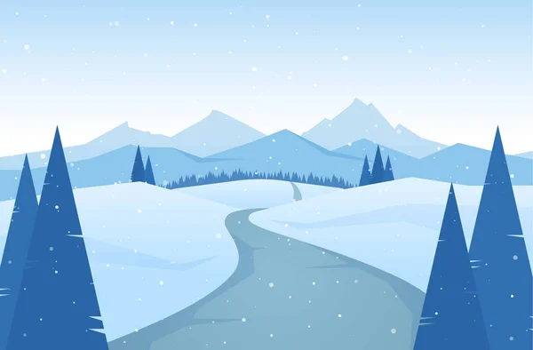 冬季雪山景观与道路, 松树和丘陵. — 图库矢量图片