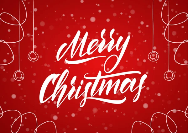 Frohe Weihnachten. handgeschriebene elegante klassische Pinselschrift mit handgezeichneter Dekoration auf rotem Schneeflockenhintergrund. — Stockvektor