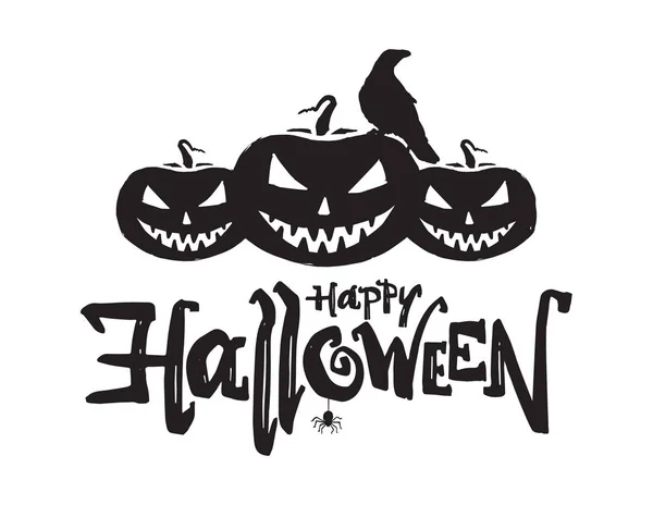 Vector illustration: Hand drawn lettering composition of Happy Halloween with pumpkins, raven and spider — Stock Vector