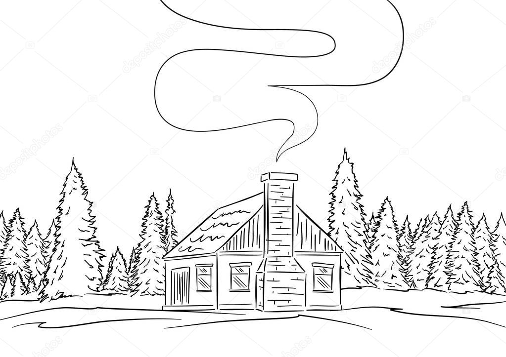 Hand drawn landscape with house and pine forest. Sketch line design