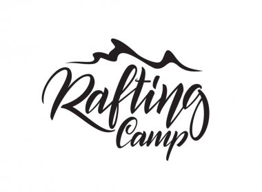 Vektör el yazı amblemi Rafting kampı dalga beyaz arka plan üzerinde