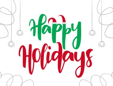 Happy Holidays türü yazı Noel Baba şapkaları ve Noel dekorasyonu ile vektör el çekilmiş