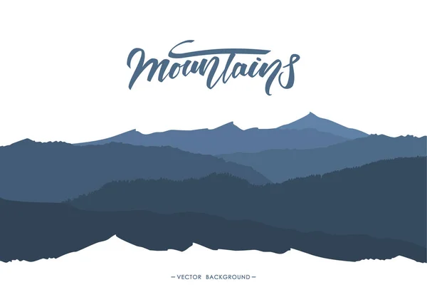 Fondo abstracto de las montañas con emblema de letras manuscritas. Silueta del paisaje . — Vector de stock
