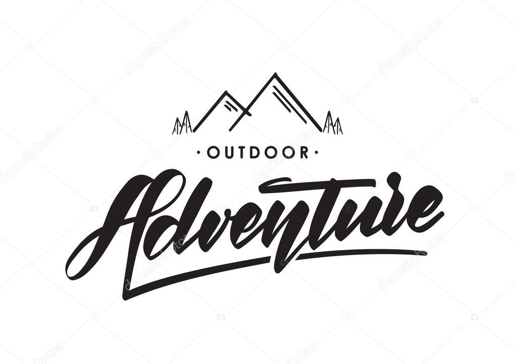 Vector hand drawn emblem with mountains and handwritten lettering of Outdoor Adventure