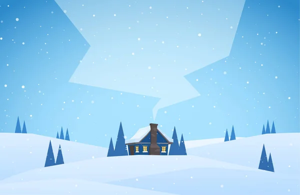 Зимний снежный пейзаж с мультяшным домом с холмами и дымом из дымохода . — стоковый вектор