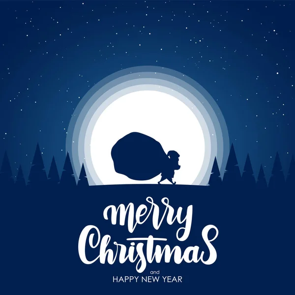 Noel Baba'nın siluet ağır çuval tam ay zemin üzerine ormandaki hediyelerin taşır.