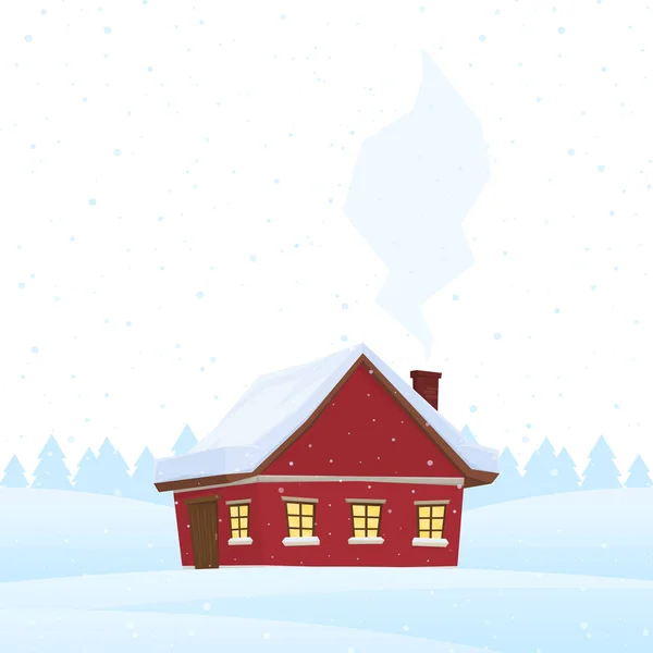 Casa de dibujos animados rojo sobre fondo de invierno nevado . — Vector de stock