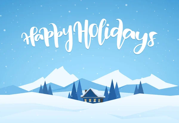 Winter landschap van besneeuwde bergen met cartoon house en handgeschreven letters van Happy Holidays. — Stockvector